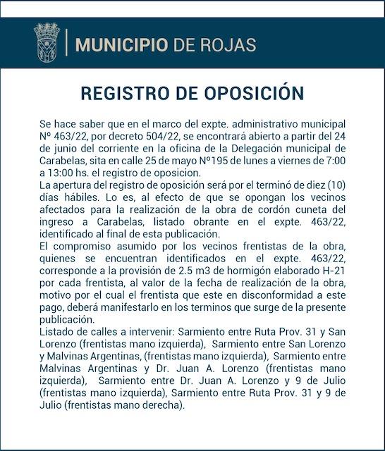 El municipio abre por diez días el Regitro de Oposición para el Cordón Cuneta del ingreso a Carabelas
