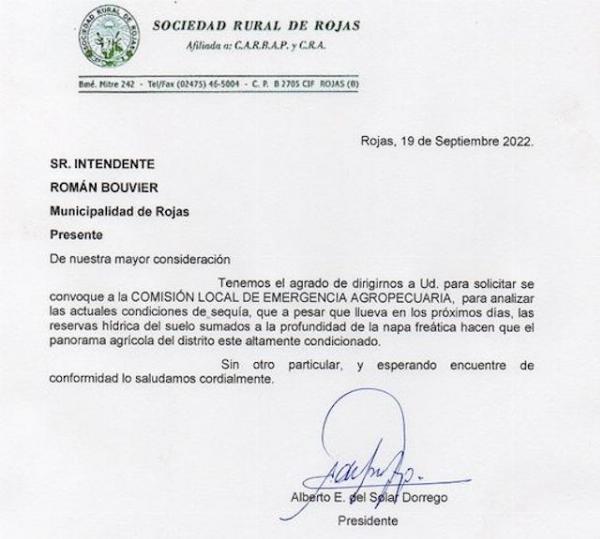 La Sociedad Rural de Rojas solicitó al Intendente que convoque a la Comisión Local de Emergencia Agropecuaria